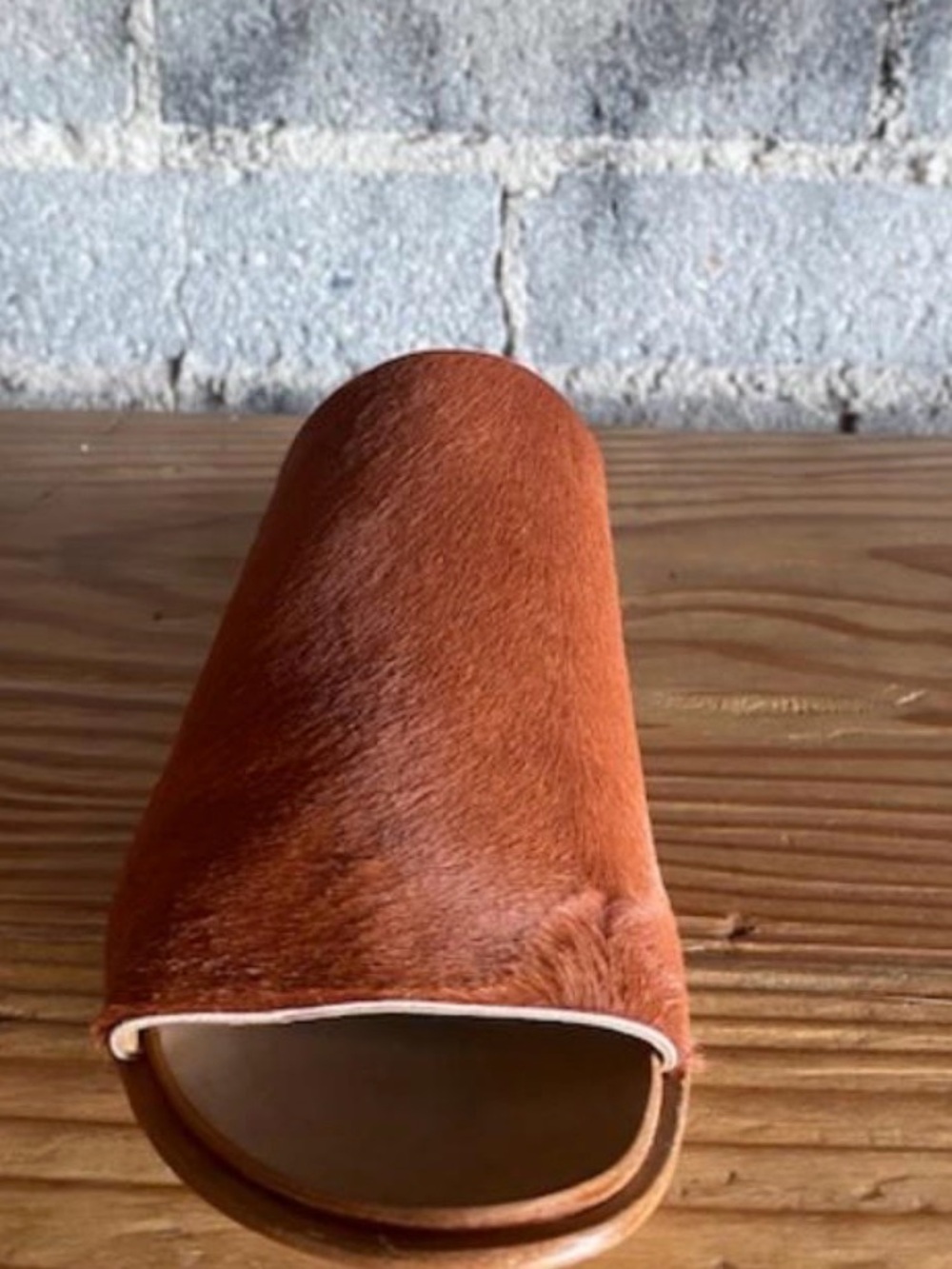 Open-Toe Faux Fur Mule in Rust Brown